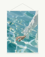Floating Hand art print with included white cylindrical hanging rods