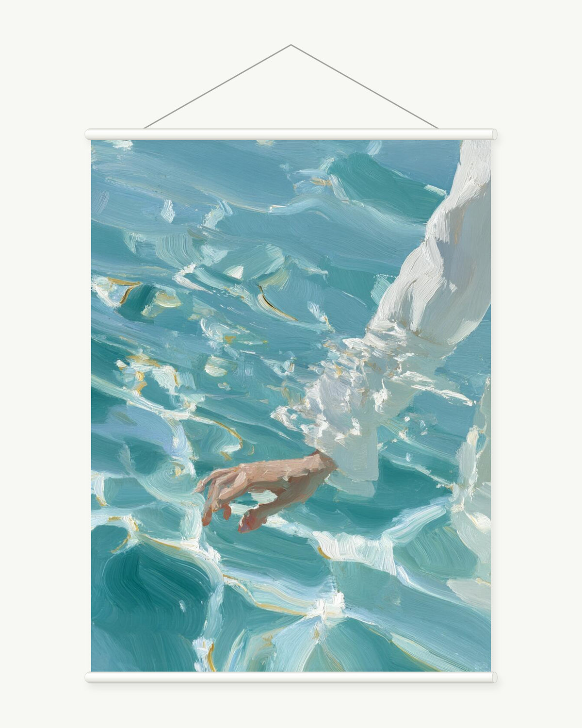 Floating Hand art print with included white cylindrical hanging rods