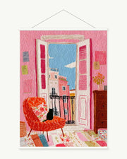 Flower Balcony art print with included white cylindrical hanging rods