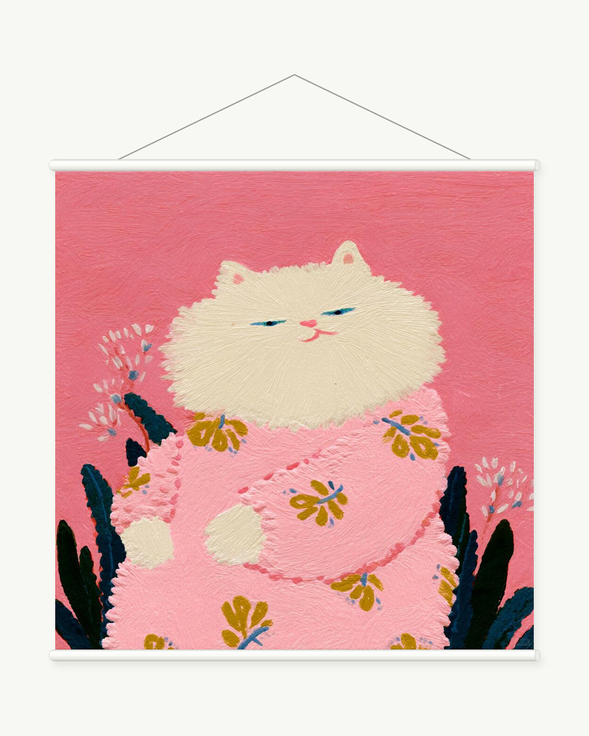 Flower Cloud Cat art print with included white cylindrical hanging rods