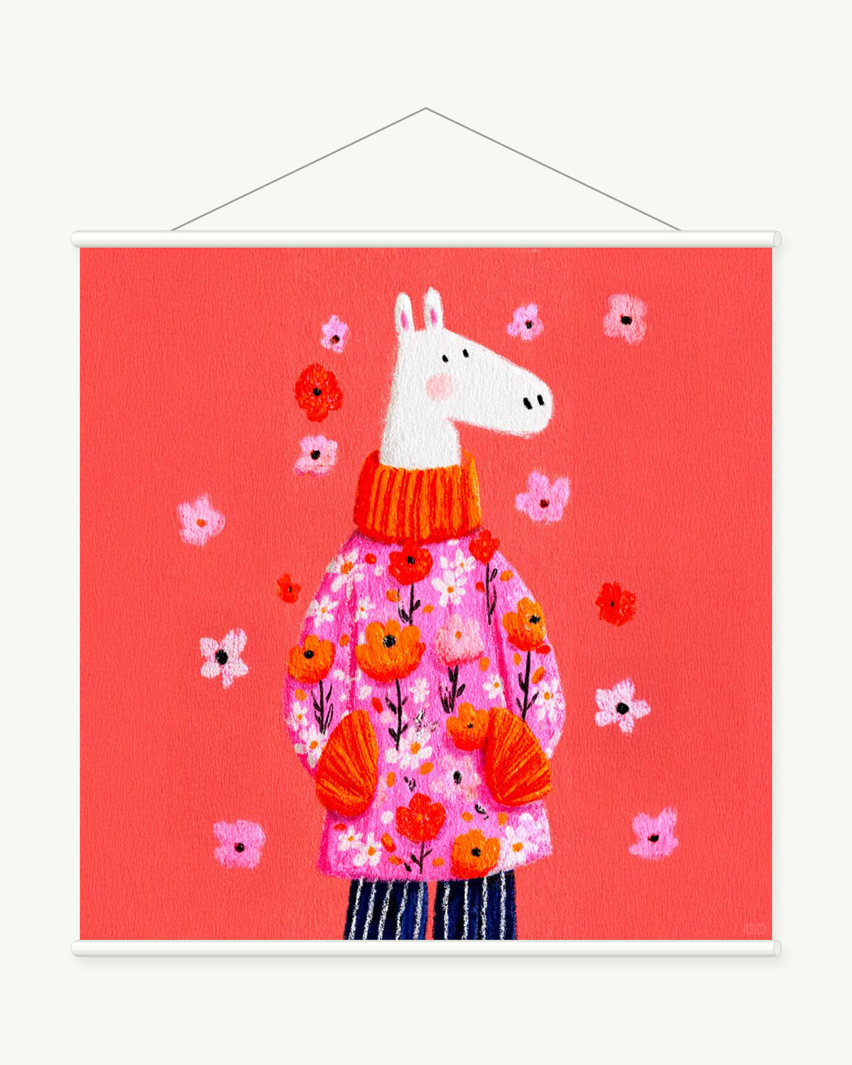 Flower Coat Horse art print with included white cylindrical hanging rods
