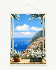Flowered Window to the Sea art print with included white cylindrical hanging rods