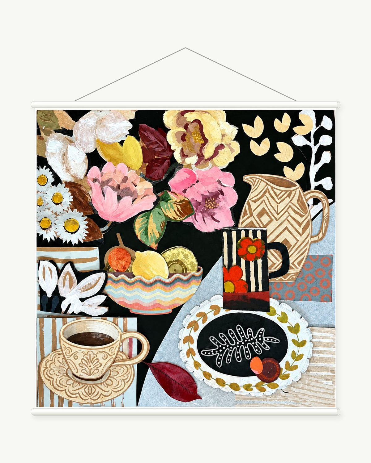 Flowers and Morning Coffee art print with included white cylindrical hanging rods
