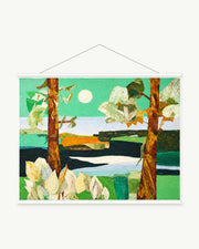Forest Between Clouds art print with included white cylindrical hanging rods