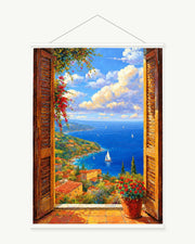 Framed View of the Bay art print with included white cylindrical hanging rods