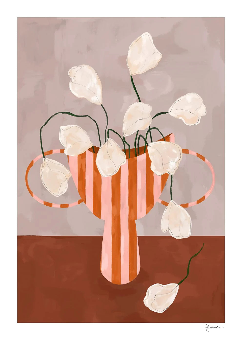 White Flowers in Striped Vase - clean artwork preview