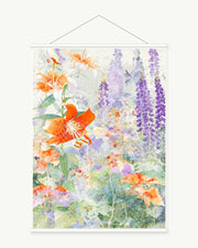 Garden in Soft Focus art print with included white cylindrical hanging rods
