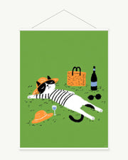Garden Picnic Cat art print with included white cylindrical hanging rods