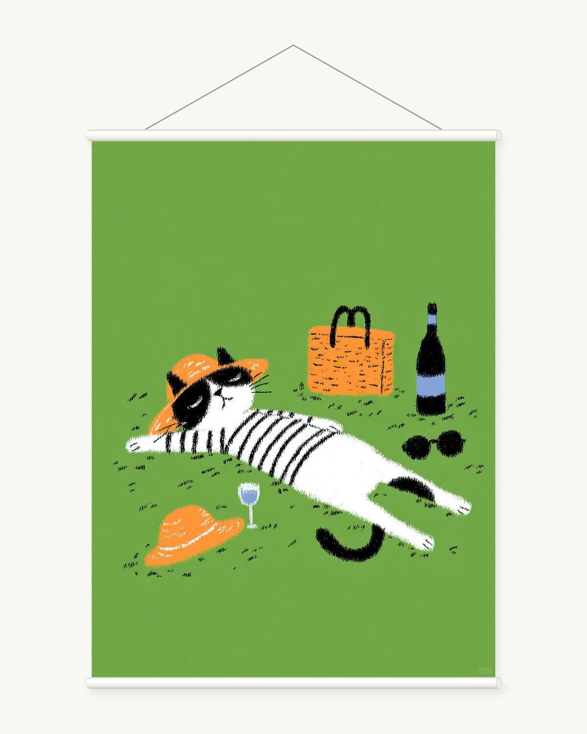 Garden Picnic Cat art print with included white cylindrical hanging rods