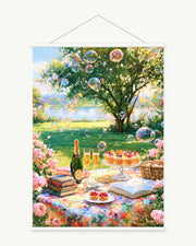 Garden Picnic art print with included white cylindrical hanging rods
