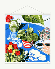 Garden Table in Blue art print with included white cylindrical hanging rods