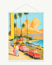 Golden Coast Drive art print with included white cylindrical hanging rods