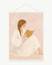 Golden Reading Hour art print with included white cylindrical hanging rods