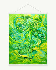 Green Current art print with included white cylindrical hanging rods