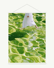 Green Water Walk art print with included white cylindrical hanging rods