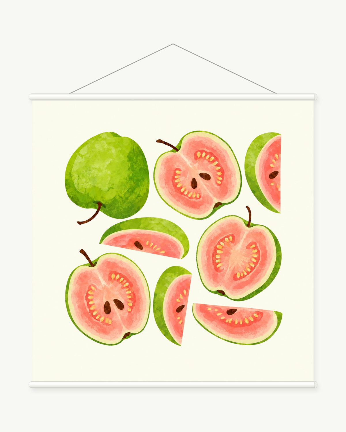 Guava Picnic art print with included white cylindrical hanging rods