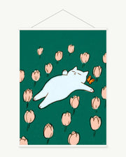 Hammock Holiday art print with included white cylindrical hanging rods