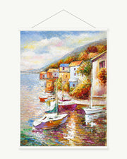 Harbour Village art print with included white cylindrical hanging rods