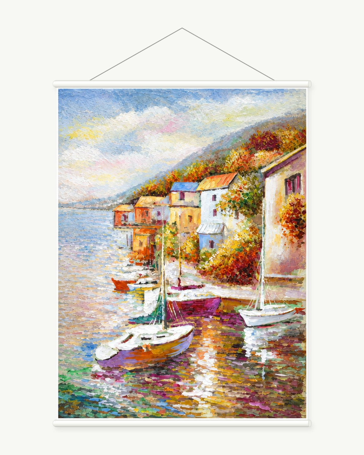 Harbour Village art print with included white cylindrical hanging rods