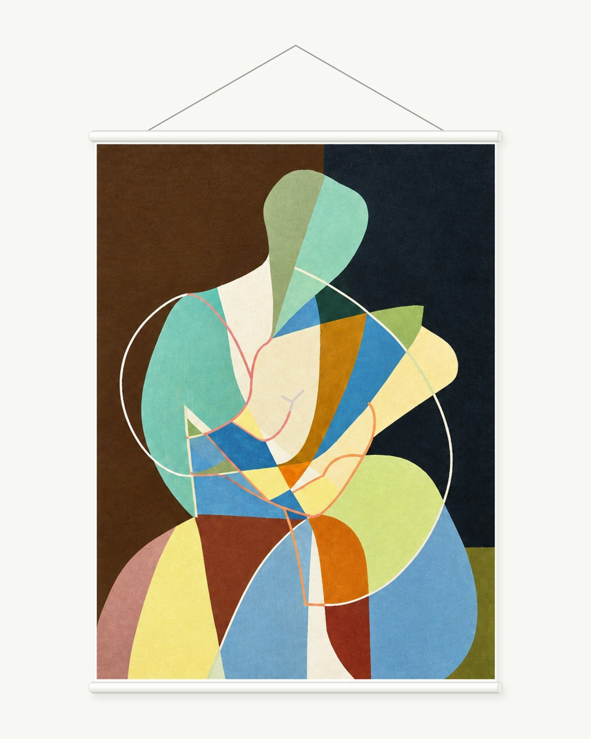 Held in Colour art print with included white cylindrical hanging rods
