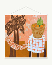 Holiday Corner art print with included white cylindrical hanging rods
