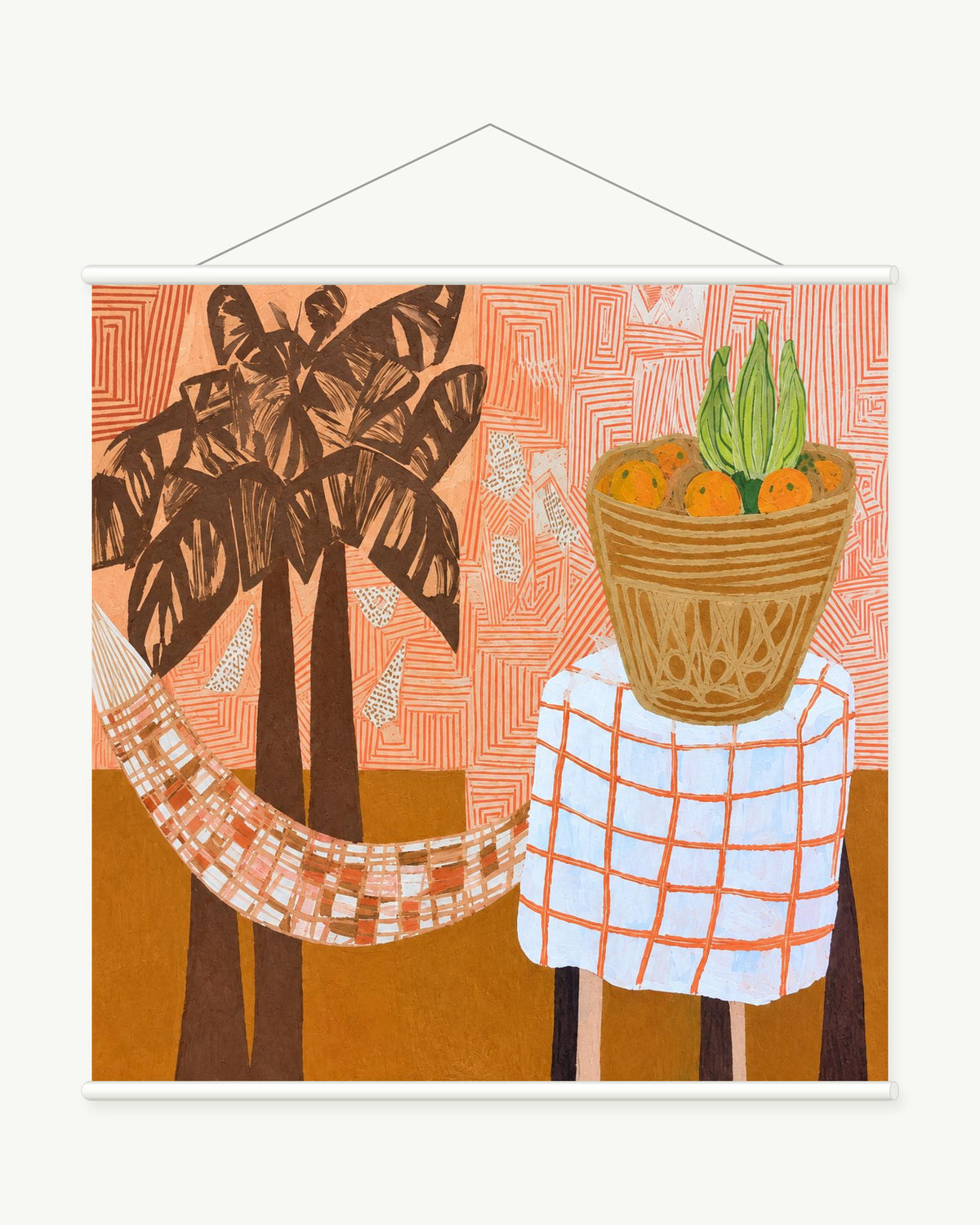 Holiday Corner art print with included white cylindrical hanging rods
