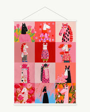 Horse Pattern Parade art print with included white cylindrical hanging rods