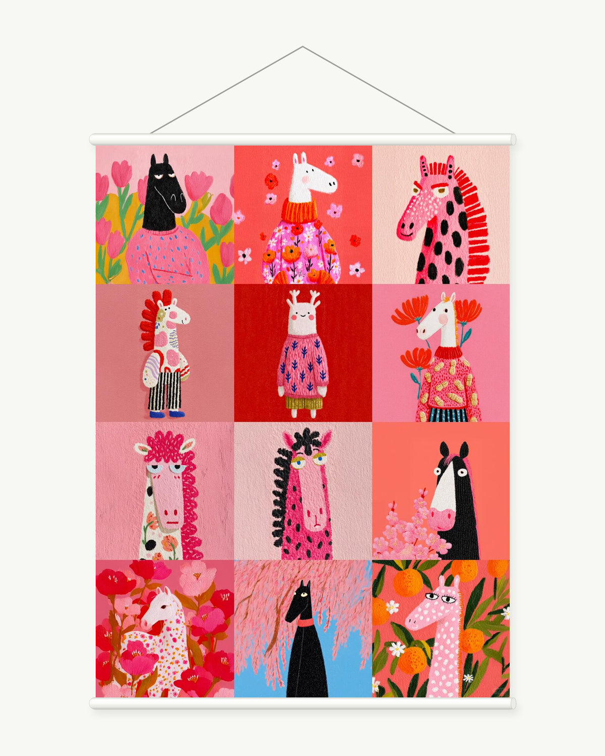 Horse Pattern Parade art print with included white cylindrical hanging rods