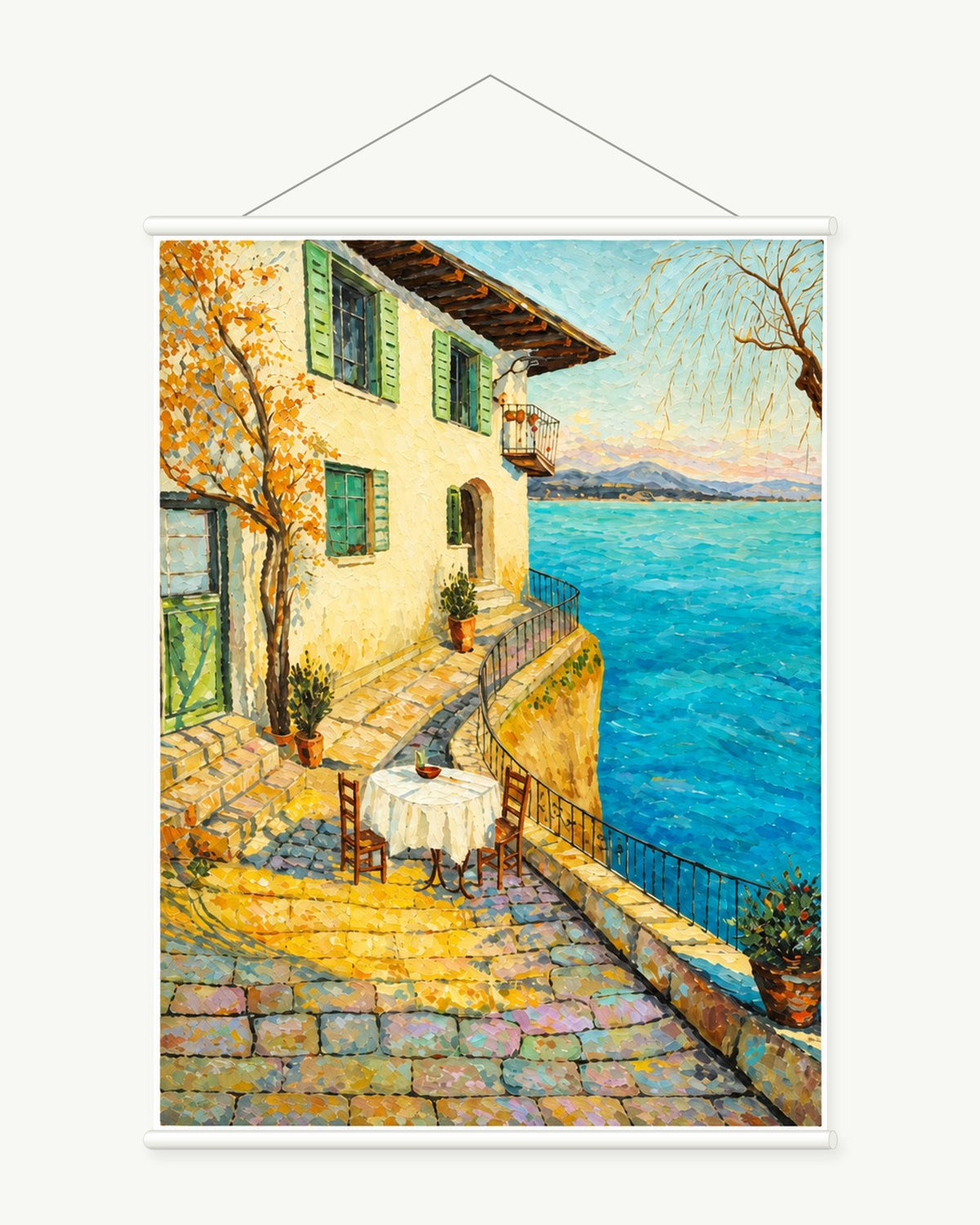 House on the Blue Shore art print with included white cylindrical hanging rods