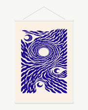Indigo Currents art print with included white cylindrical hanging rods