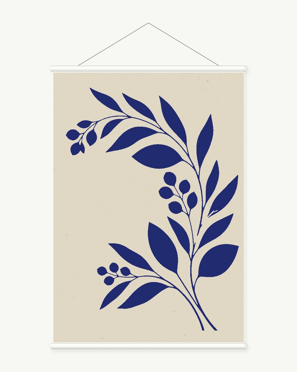 Indigo Foliage art print with included white cylindrical hanging rods