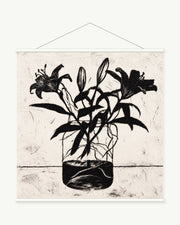Ink Lilies art print with included white cylindrical hanging rods