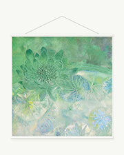 Jade Lotus Field art print with included white cylindrical hanging rods