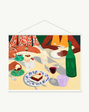 Late Lunch Table art print with included white cylindrical hanging rods