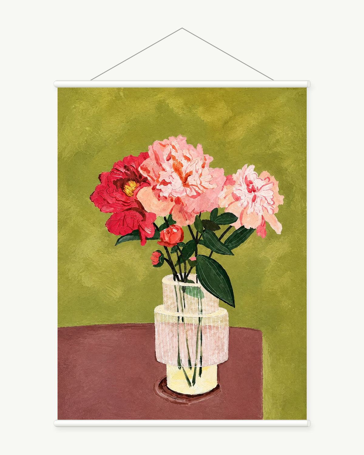 Late Spring Bouquet art print with included white cylindrical hanging rods