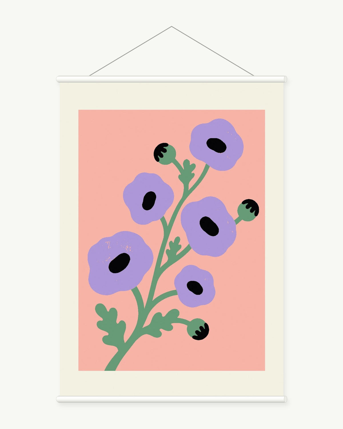 Lavender Parade art print with included white cylindrical hanging rods