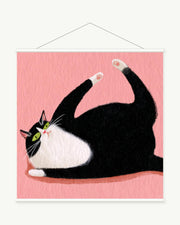 Lazy Stretch art print with included white cylindrical hanging rods