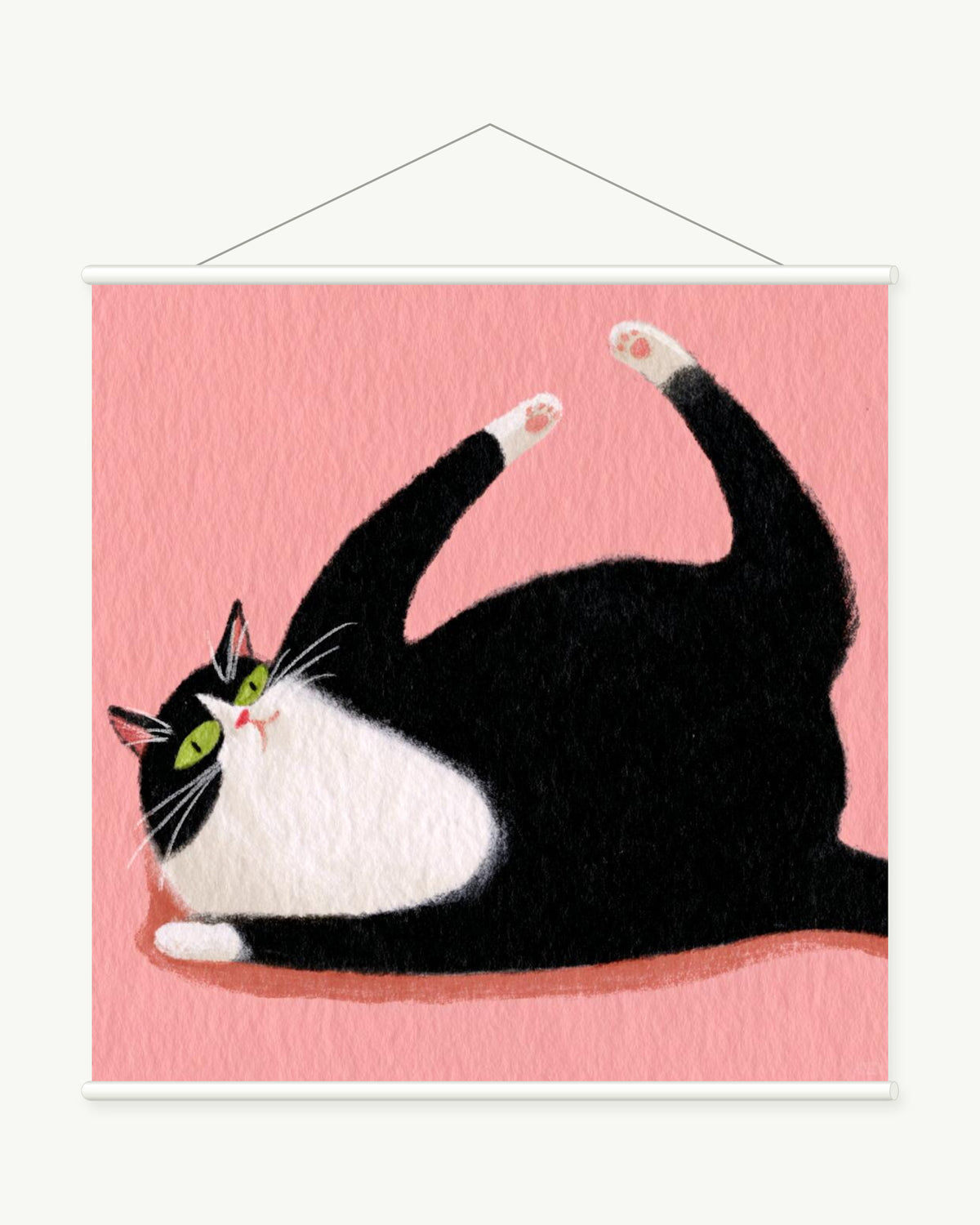 Lazy Stretch art print with included white cylindrical hanging rods