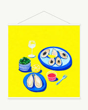 Lemon and Oysters art print with included white cylindrical hanging rods