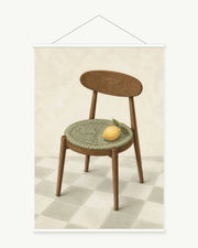 Lemon on the Seat art print with included white cylindrical hanging rods