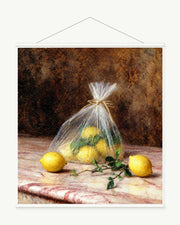 Lemons in a Paper Bag art print with included white cylindrical hanging rods
