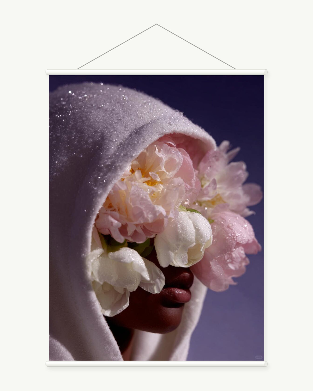 Lilac Flower Veil art print with included white cylindrical hanging rods