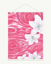 Lilies on Pink Water art print with included white cylindrical hanging rods