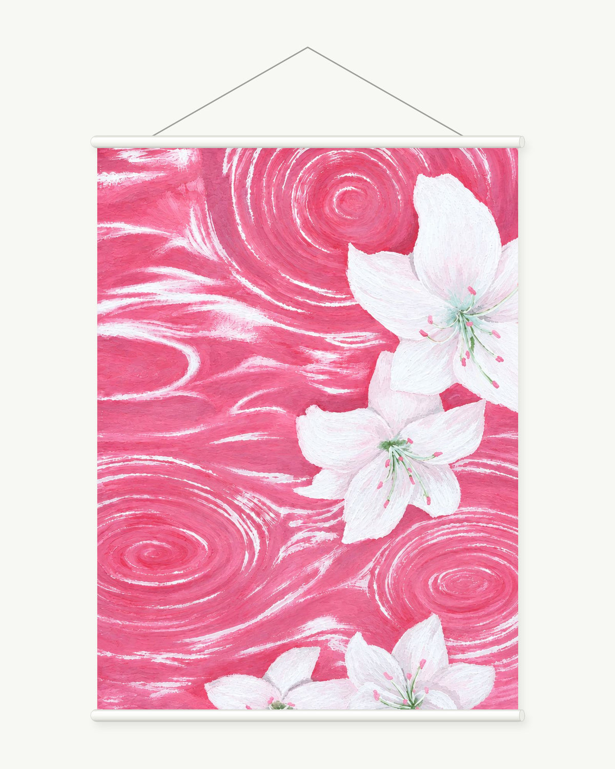 Lilies on Pink Water art print with included white cylindrical hanging rods