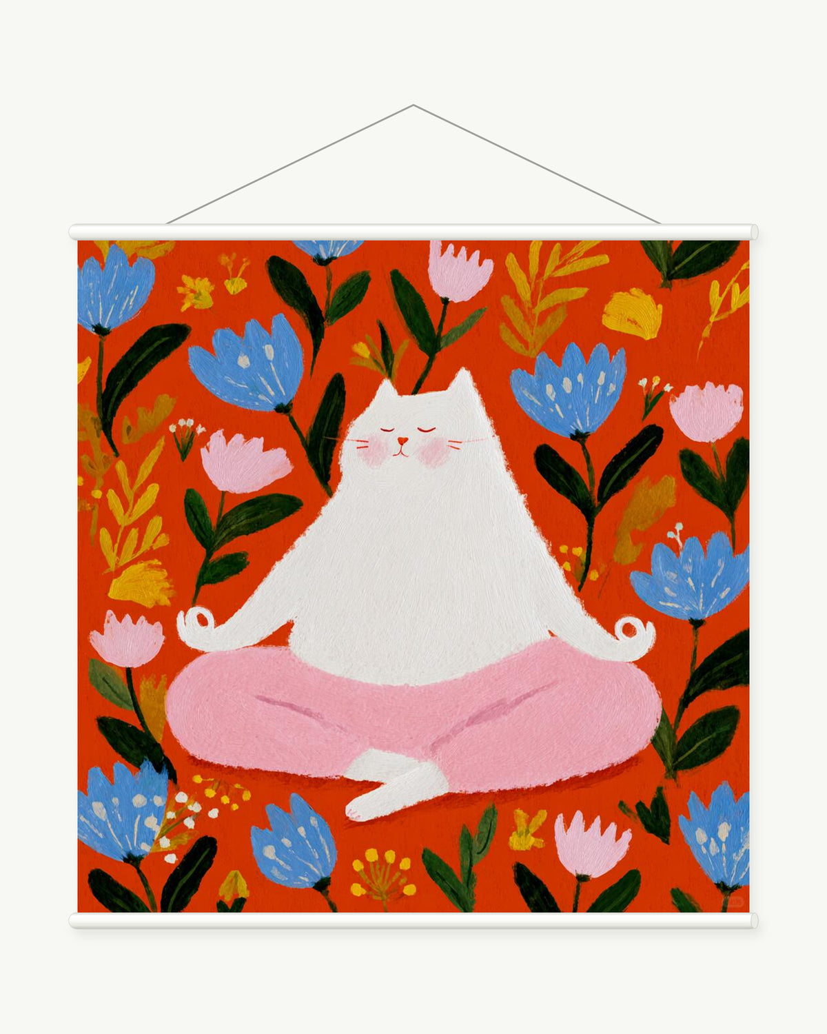 Lotus Cat art print with included white cylindrical hanging rods