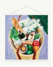 Market Basket Morning art print with included white cylindrical hanging rods