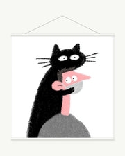 Masked Cat Embrace art print with included white cylindrical hanging rods