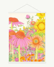 Meadow Linework art print with included white cylindrical hanging rods