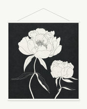 Midnight Peonies art print with included white cylindrical hanging rods