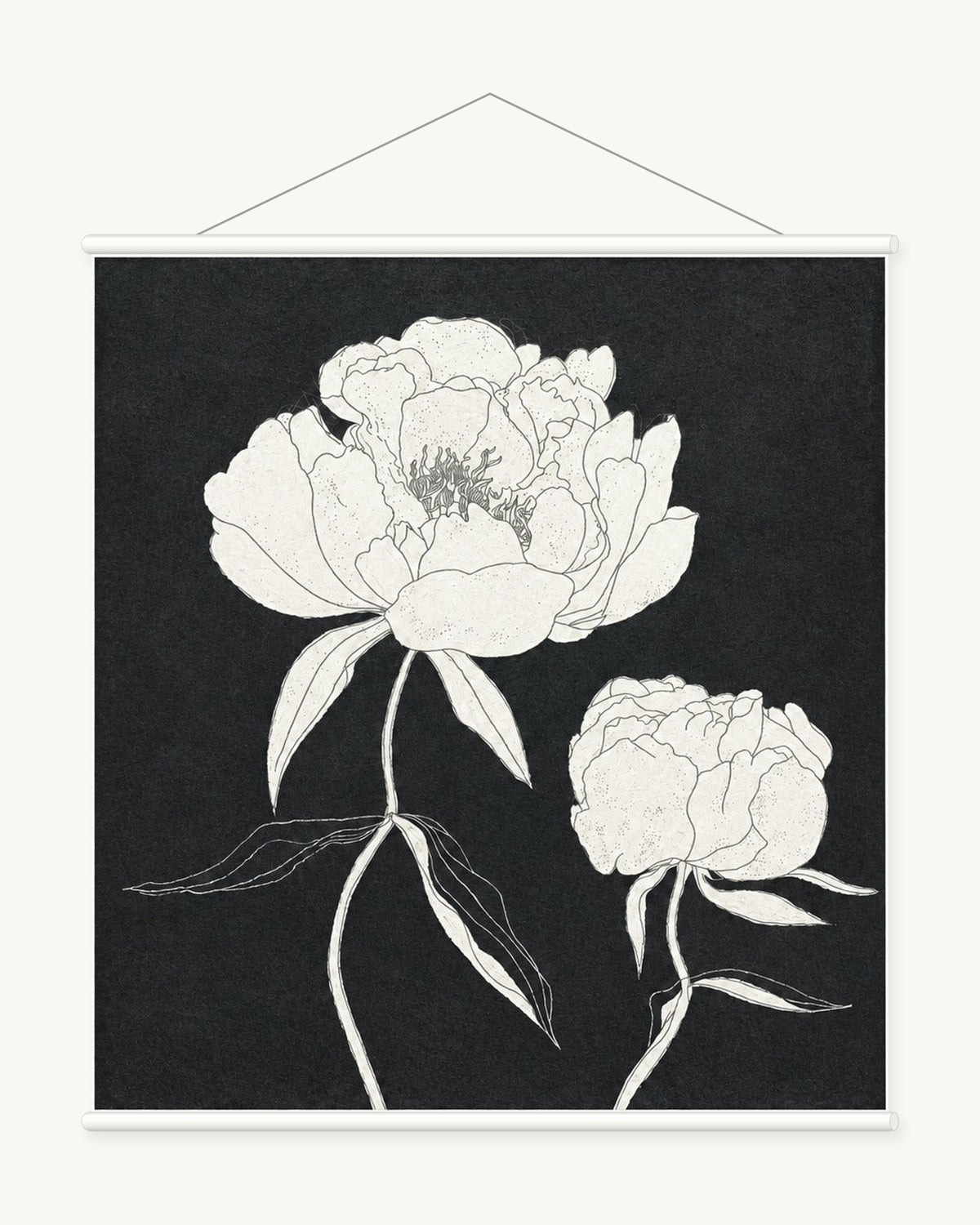 Midnight Peonies art print with included white cylindrical hanging rods